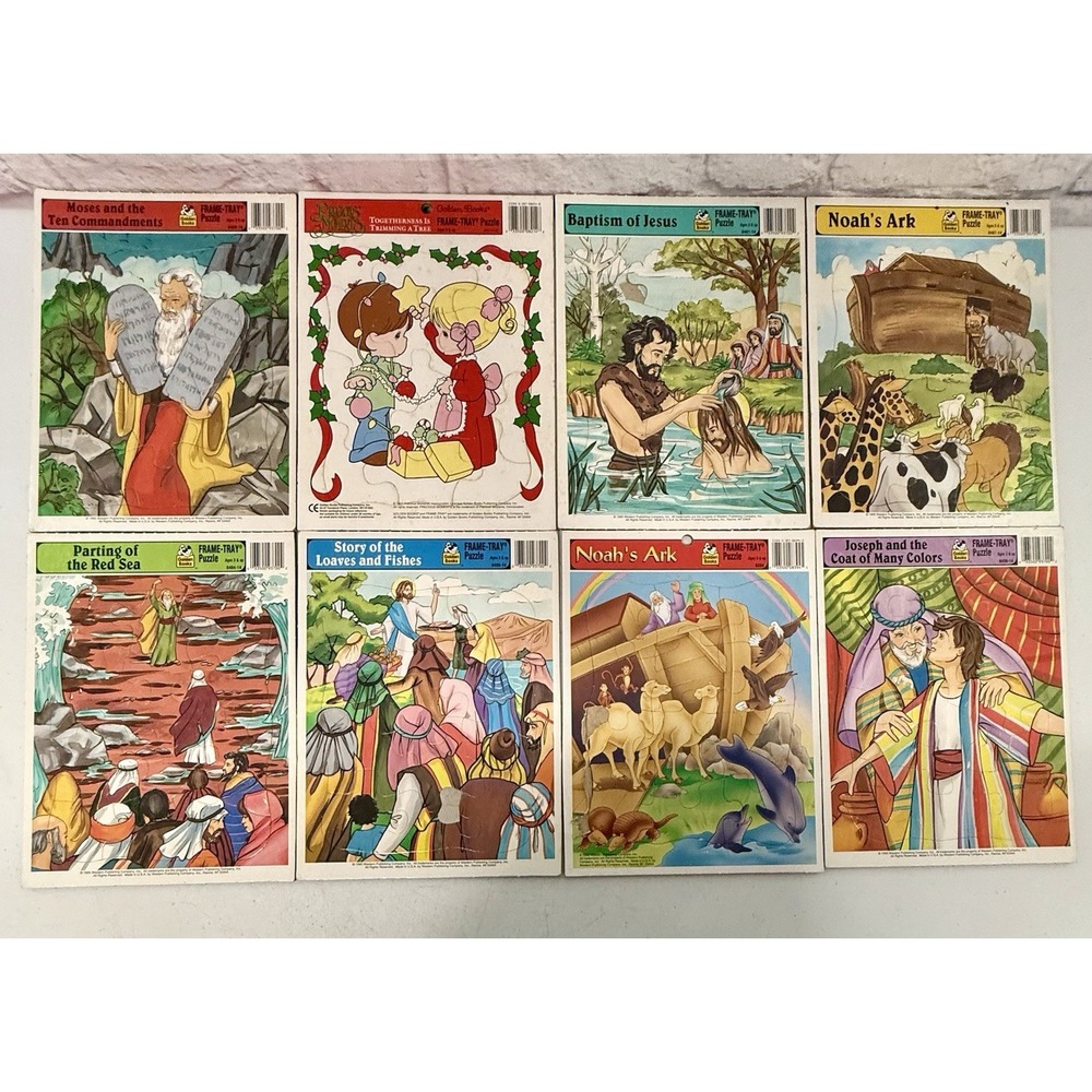 (8) VTG Golden Books BIBLE Frame Tray Puzzles JESUS Noah's Ark MOSES Christian